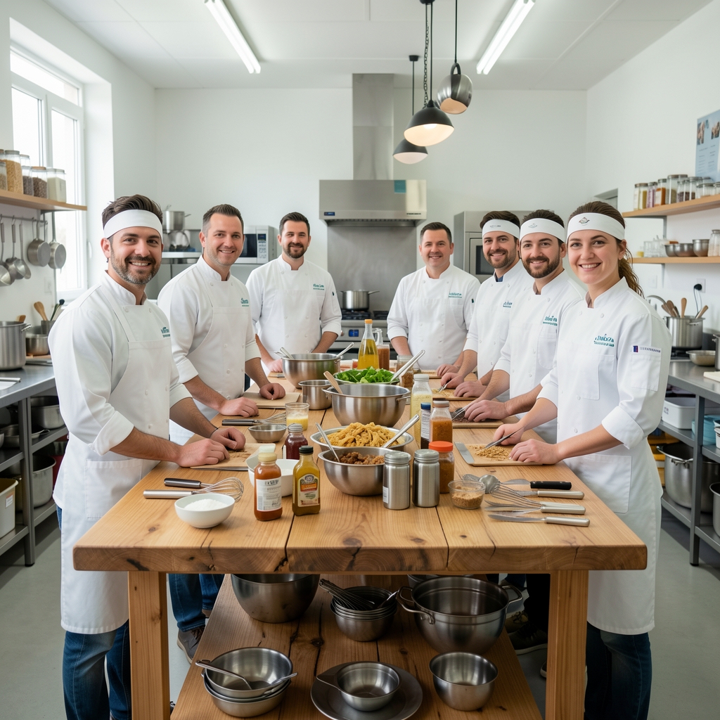 Equipo de Culinexa reunido alrededor de una gran mesa de madera natural en una cocina de prueba profesional, rodeados de utensilios y productos gastronómicos