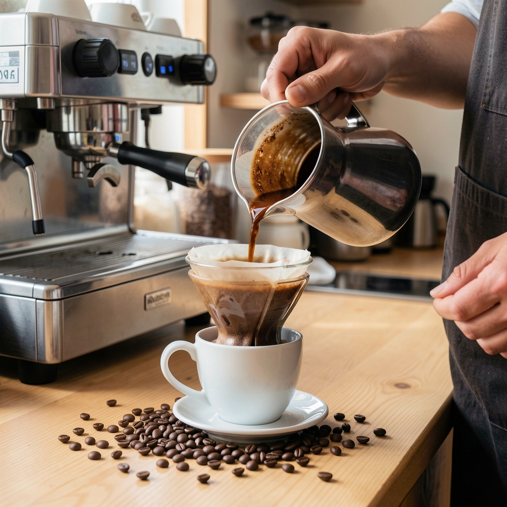 Barista preparando café V60 con vertido en espiral sobre taza blanca, granos de café arábico tostado oscuro esparcidos sobre encimera de madera clara, steam wand de cafetera espresso al fondo