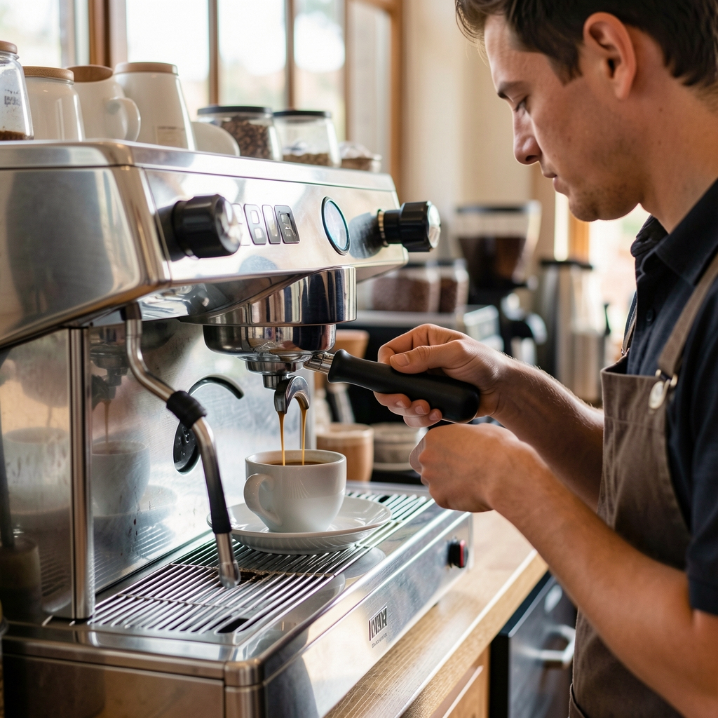Barista profesional preparando un espresso con una cafetera de palanca cromada, taza de porcelana blanca sobre platillo y vaporizador de leche activo