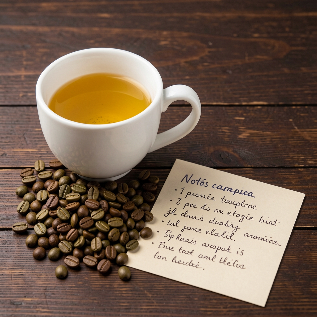 Granos de café verde y tostado arábica etíope sobre mesa de madera oscura junto a taza blanca con infusión dorada clara y tarjeta de cata con notas aromáticas escritas a mano