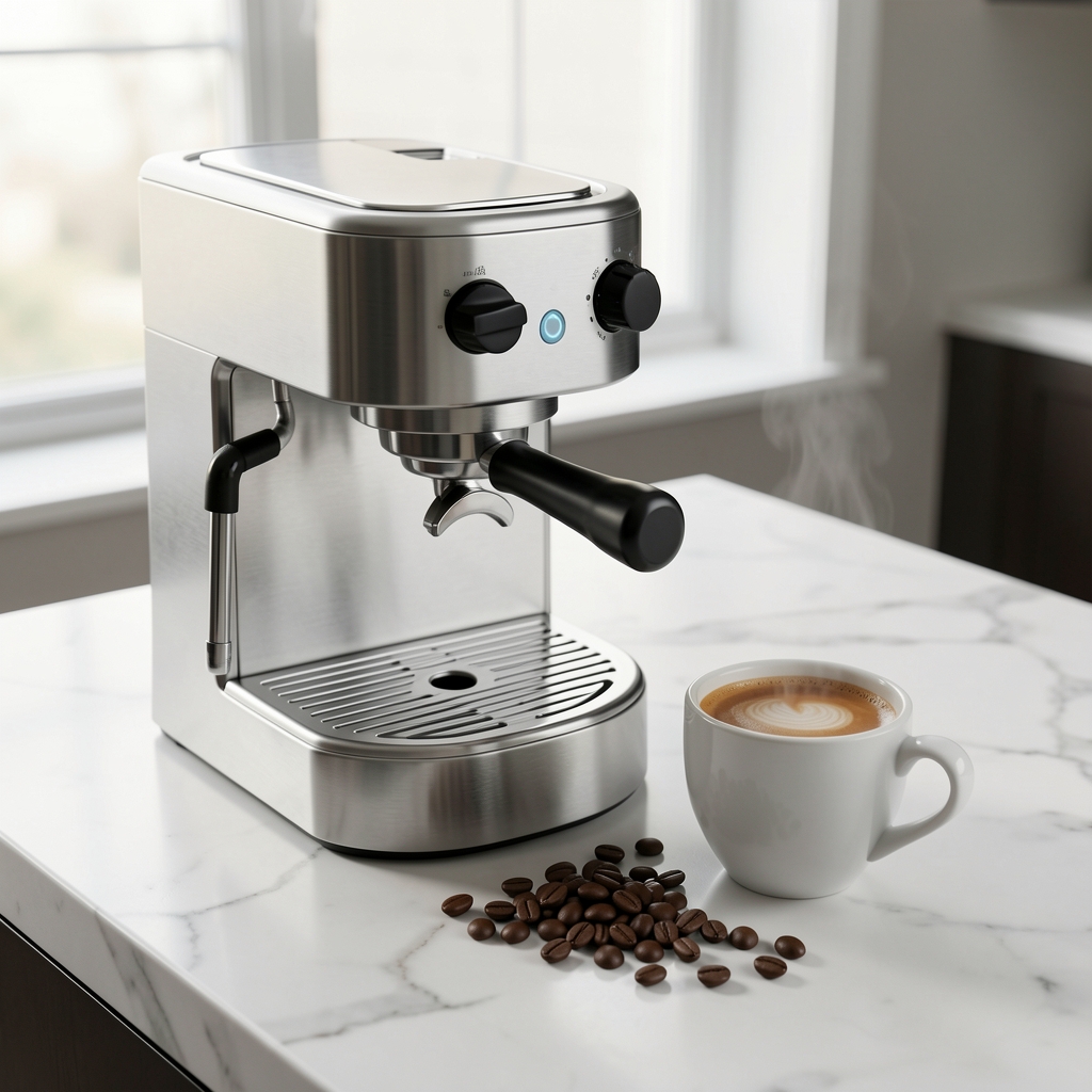 Cafetera espresso de diseño moderno en acero inoxidable sobre encimera de mármol blanco junto a una taza de espresso con crema perfecta y granos de café tostado dispersos