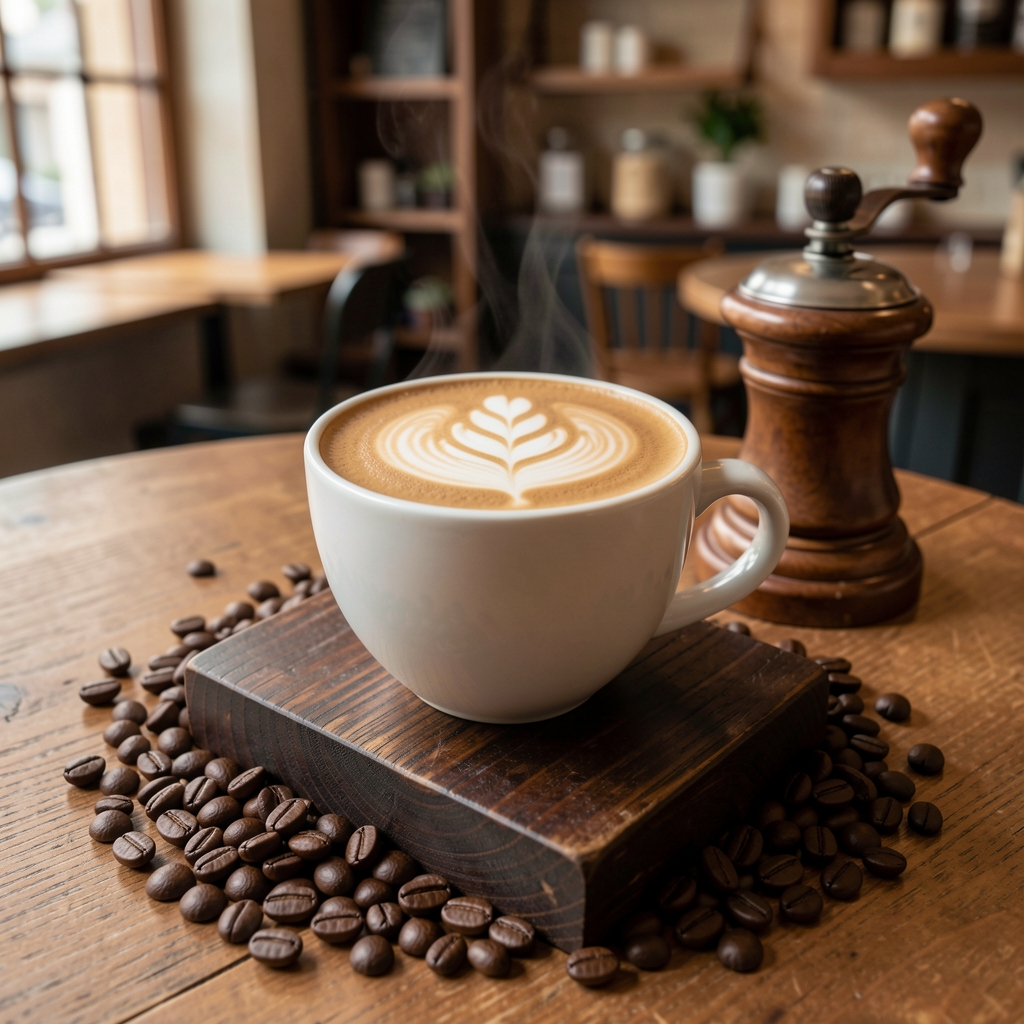 Taza de café latte con arte de hojas en la espuma sobre base de madera oscura, rodeada de granos de café tostado oscuro y molinillo vintage, ambiente de cafetería especializada
