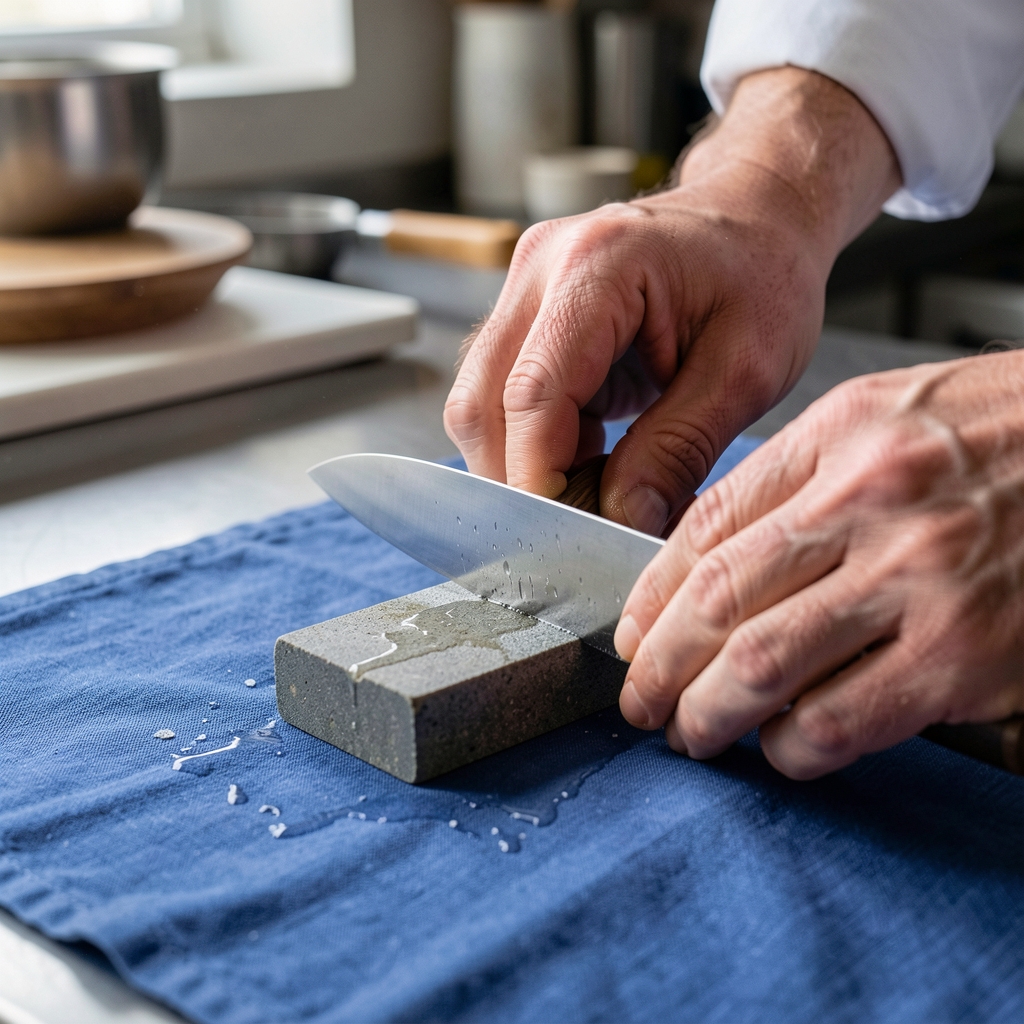 Manos expertas afilando cuchillo de chef japonés con piedra de afilar húmeda de grano fino sobre paño de cocina azul, proceso tradicional de mantenimiento de filo