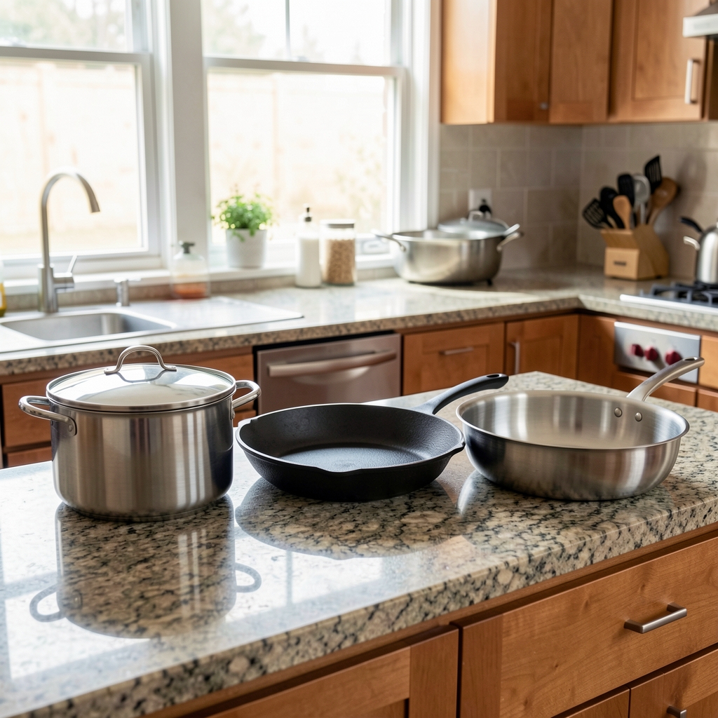 Comparativa de ollas y sartenes en cocina profesional: olla de acero inoxidable, sartén cerámica, wok de hierro fundido y sartén titanio alineadas sobre encimera de granito con luz de cocina natural