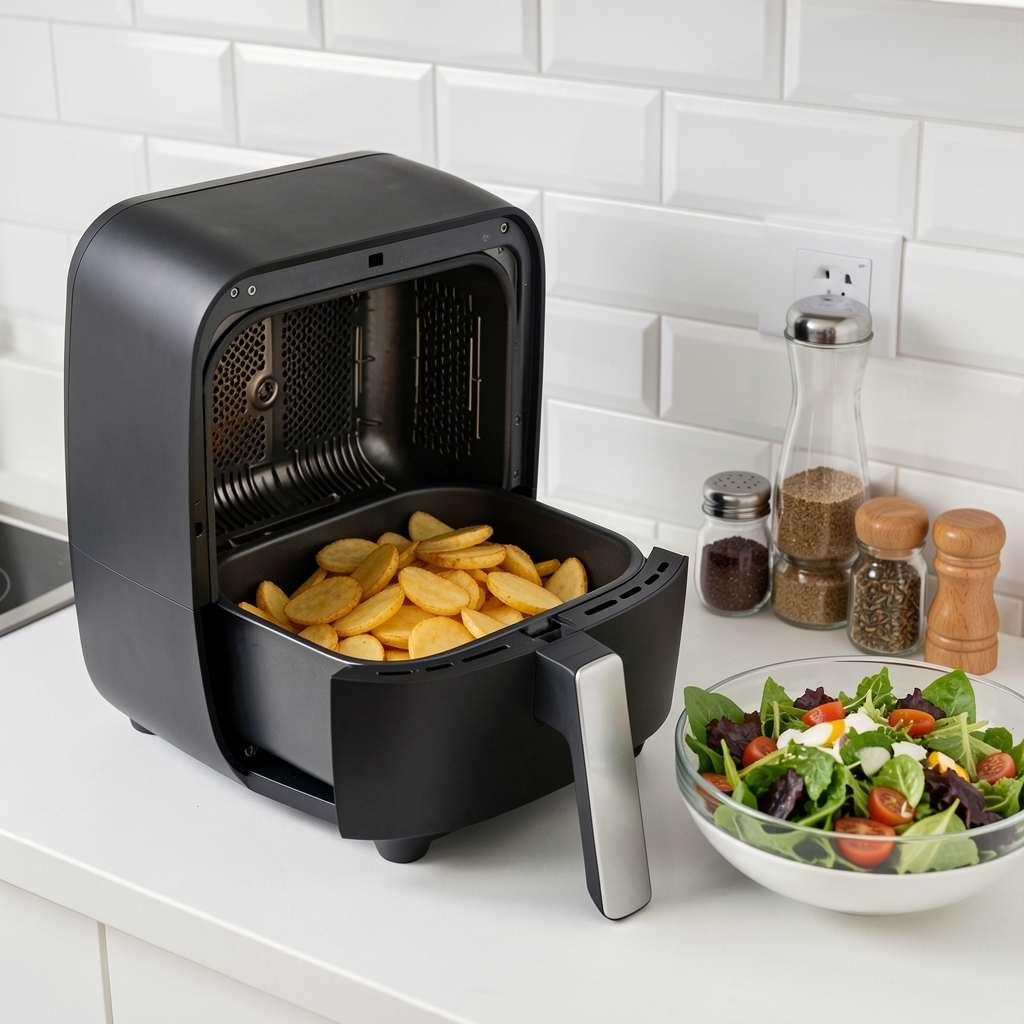Freidora de aire digital de canasta negra abierta con papas fritas doradas crujientes dentro, junto a una ensalada fresca y condimentos en encimera de cocina moderna con azulejos blancos