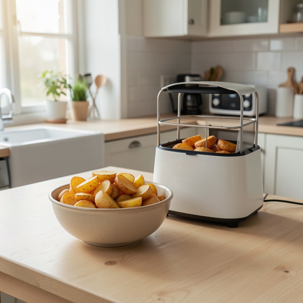 Freidora de aire con papas crocantes doradas recién servidas en bowl de cerámica sobre mesa de madera clara, luz natural de ventana en cocina doméstica