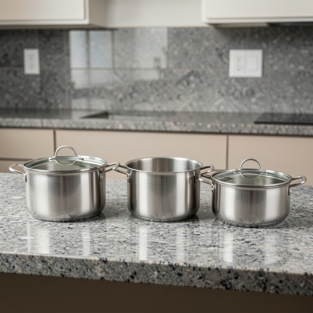 Set completo de ollas de acero inoxidable con fondos de aluminio encapsulado alineadas en orden de tamaño sobre una cocina de granito