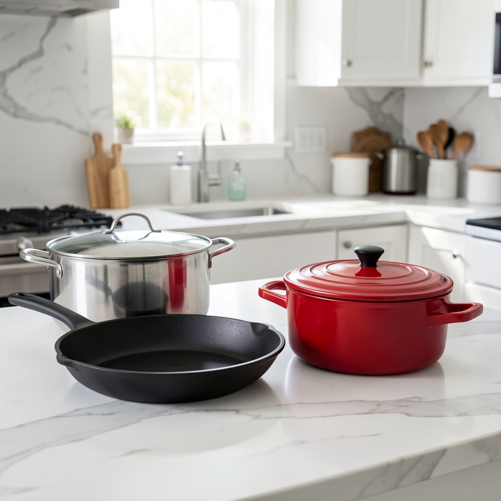 Colección completa de ollas y sartenes premium: olla de acero inoxidable 22 cm, sartén cerámica negra 28 cm, wok de hierro fundido y cacerola esmaltada roja Cocotte sobre encimera de mármol blanco con luz de cocina natural