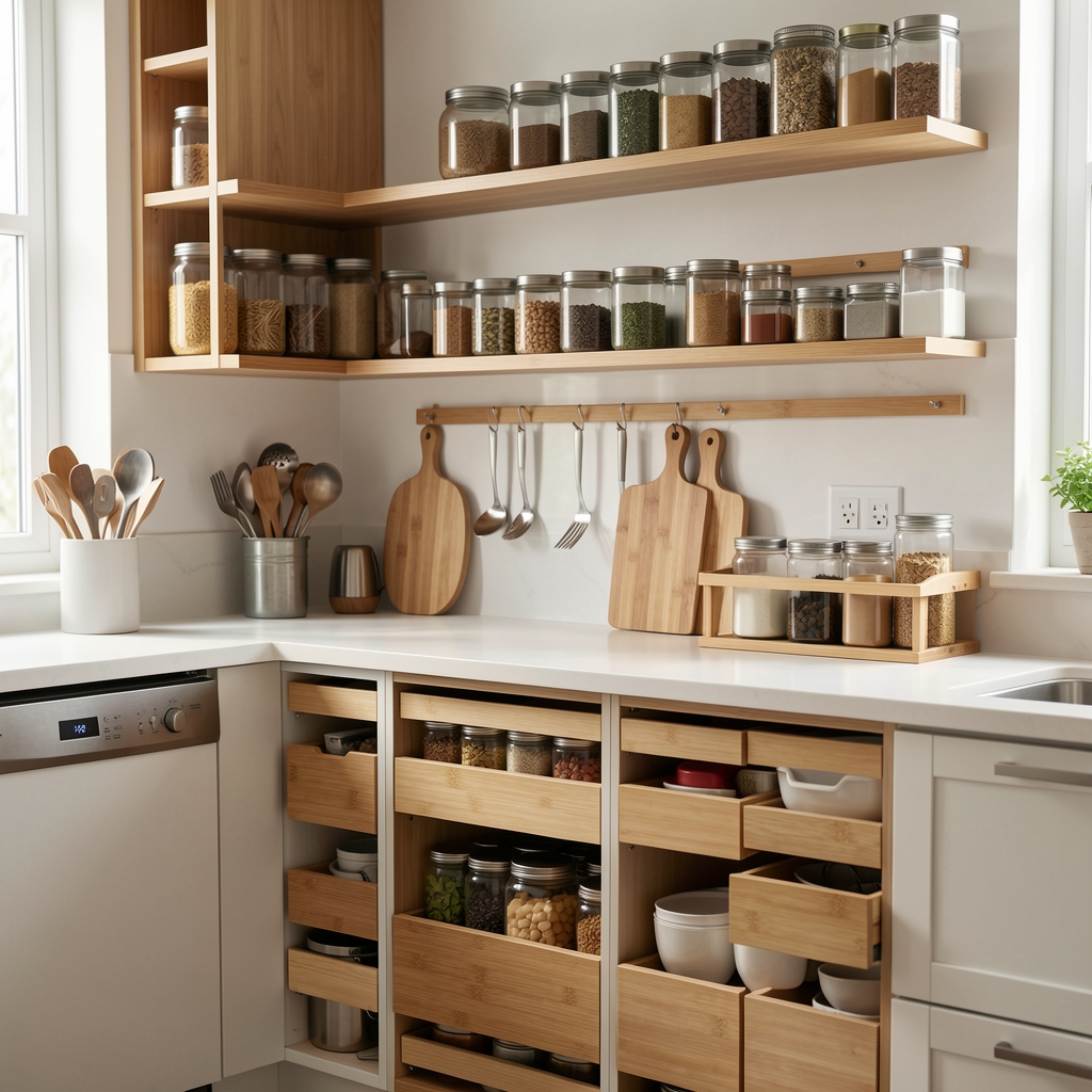 Interior de cajón de cocina perfectamente organizado con divisores de bambú, utensilios ordenados por categoría y especias en frascos etiquetados