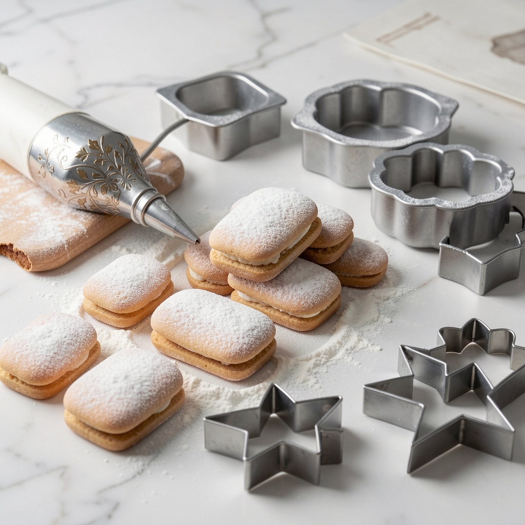 Mesa de trabajo de repostería con alfajores de maicena cubiertos de azúcar impalpable, manga pastelera con boquilla decorativa, moldes para tarta, cortantes de galletas plateados y harina espolvoreada sobre mármol blanco