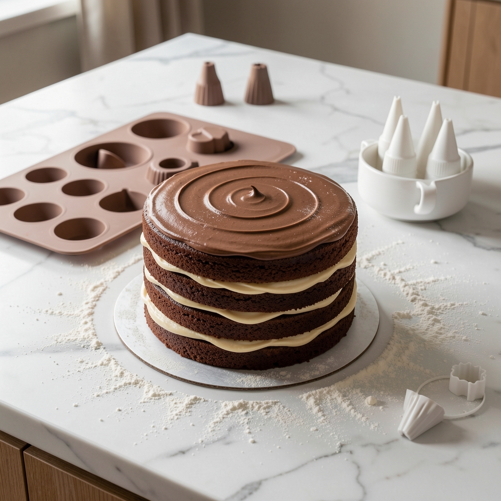 Mesa de trabajo de repostería con torta de tres capas de chocolate decorada con crema, al fondo moldes de silicona y boquillas de decoración sobre encimera de mármol blanco con harina espolvoreada