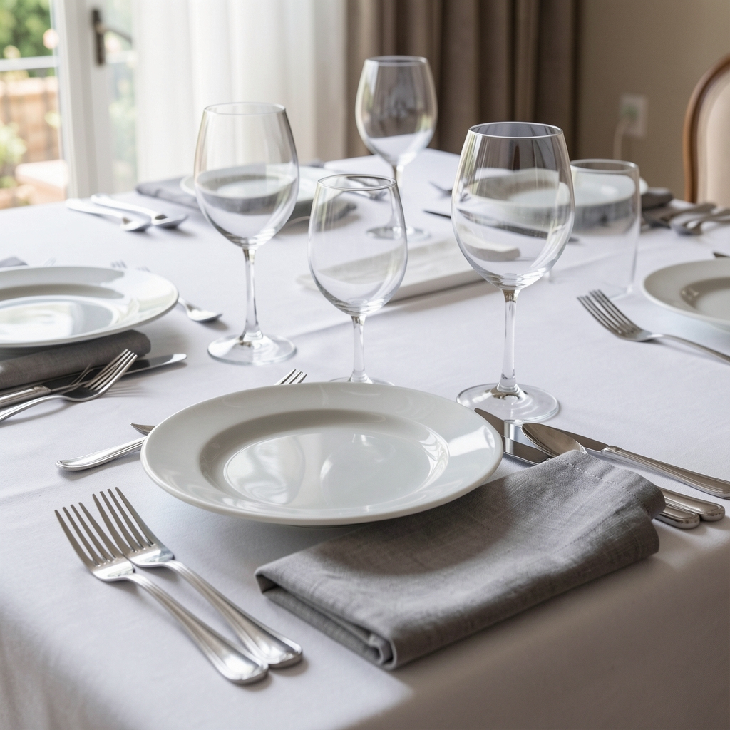 Mesa argentina formalmente servida con platos blancos de porcelana, copas de cristal soplado transparentes, cubiertos de acero inoxidable pulido y servilletas de lino gris sobre mantel blanco