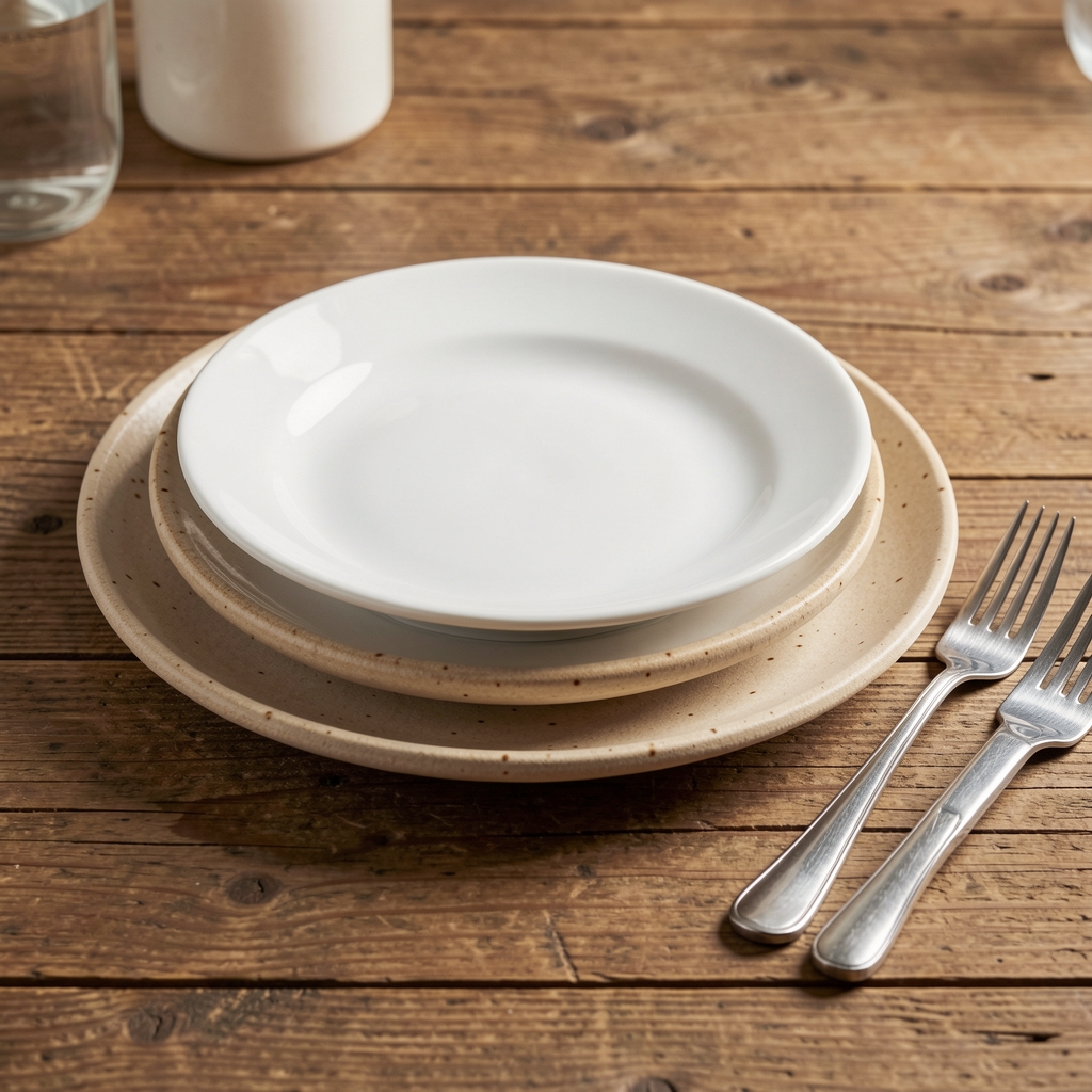Comparativa de vajilla: plato de porcelana blanca fina, plato de loza rústica y plato de stoneware artesanal beige apilados en mesa de madera con cubiertos de acero al lado