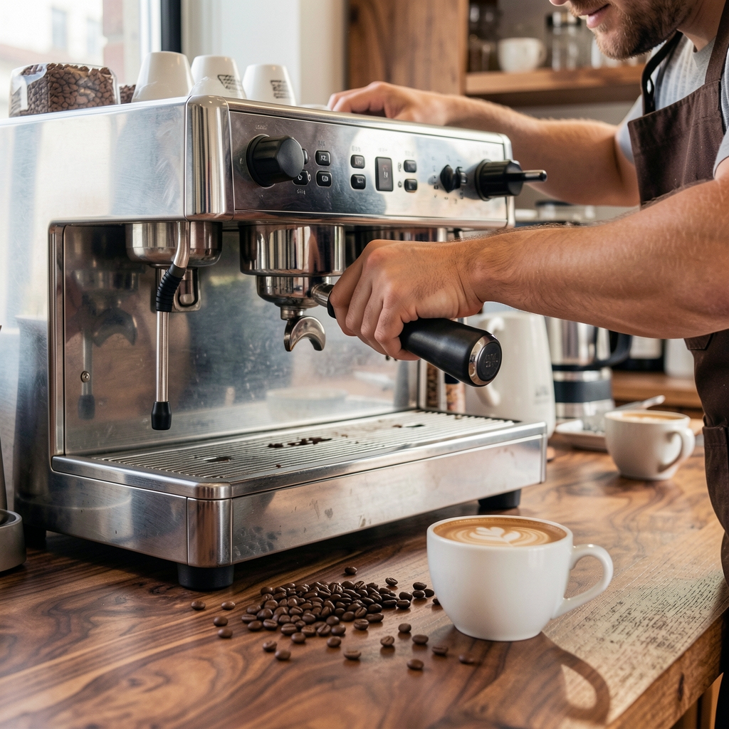 Barista preparando espresso con cafetera italiana de acero inoxidable, sobre mesa de madera de nogal con granos de café tostado esparcidos, taza blanca con arte latte visible en primer plano