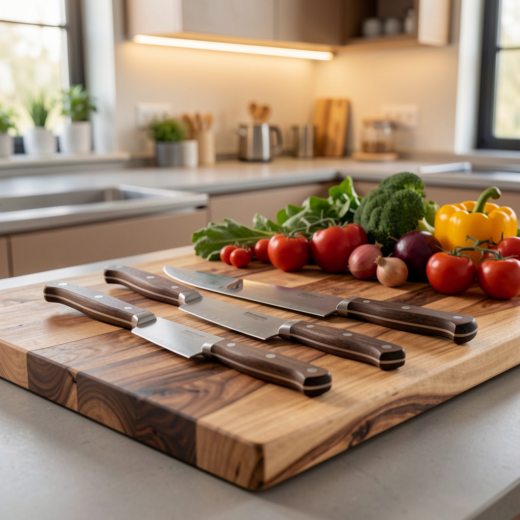 Juego de cuchillos de cocina profesionales con mangos de madera oscura alineados sobre tabla de madera de acacia con vegetales frescos de fondo en cocina moderna iluminada con luz cálida