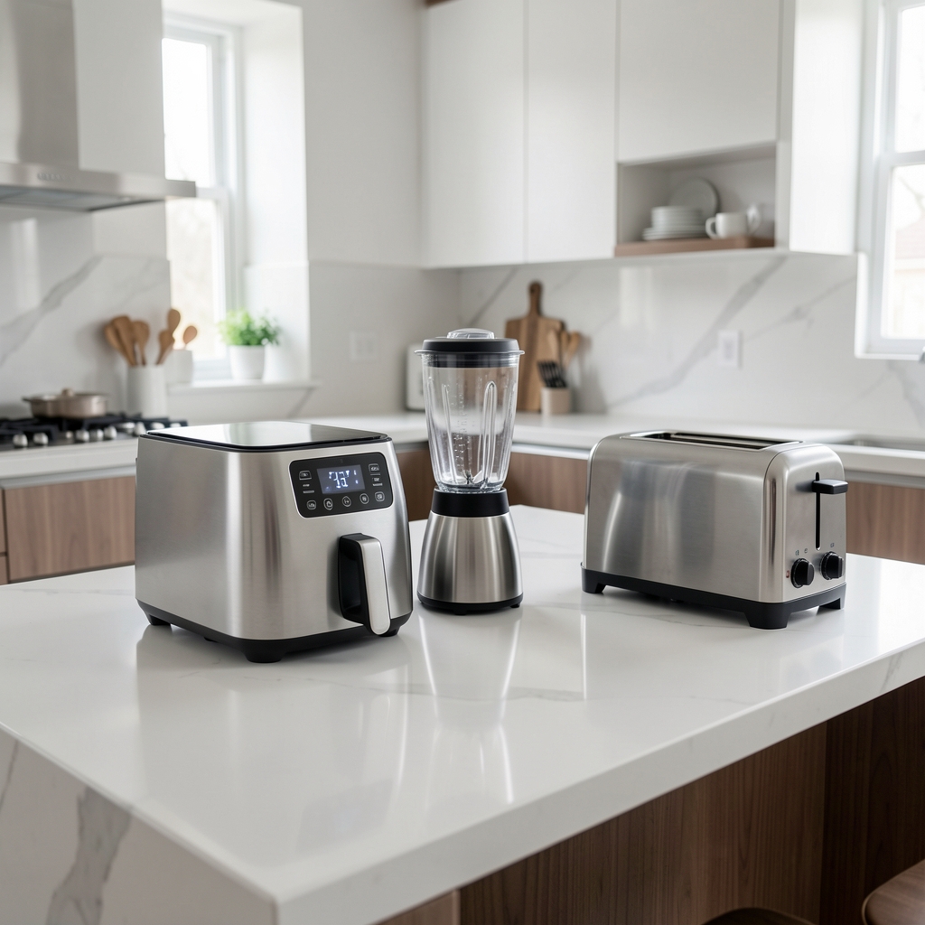 Conjunto de electrodomésticos de cocina pequeños en cocina moderna con isla central: freidora de aire digital plateada, licuadora de vaso con base cromada y tostadora de acero inoxidable alineados sobre encimera de cuarzo blanco