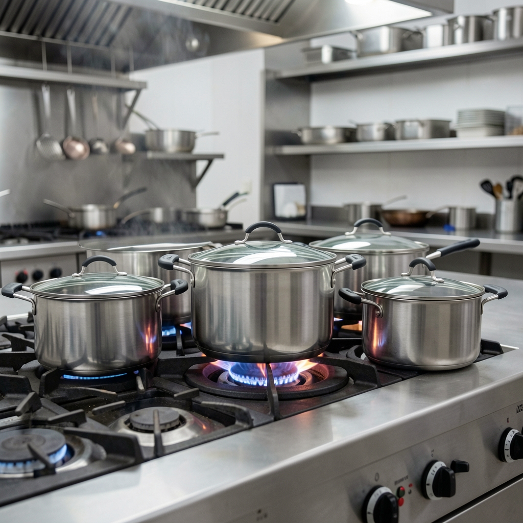 Set completo de ollas de acero inoxidable con tapa de vidrio y asas bimaterial, alineadas en cocina profesional con fuego encendido bajo la olla central