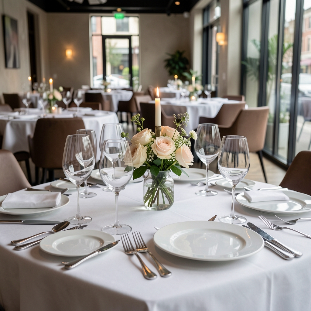 Mesa elegantemente servida con vajilla de porcelana blanca, copas de cristal soplado, cubiertos de acero inoxidable y centro de flores en restaurante contemporáneo con luz de vela