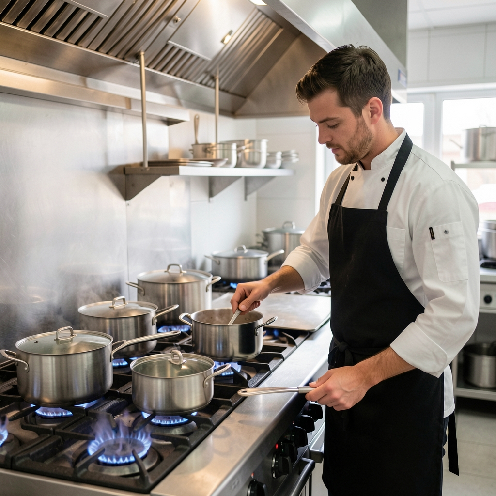Chef profesional en cocina moderna con delantal negro inspeccionando un set de ollas de acero inoxidable sobre fogones de gas industriales encendidos