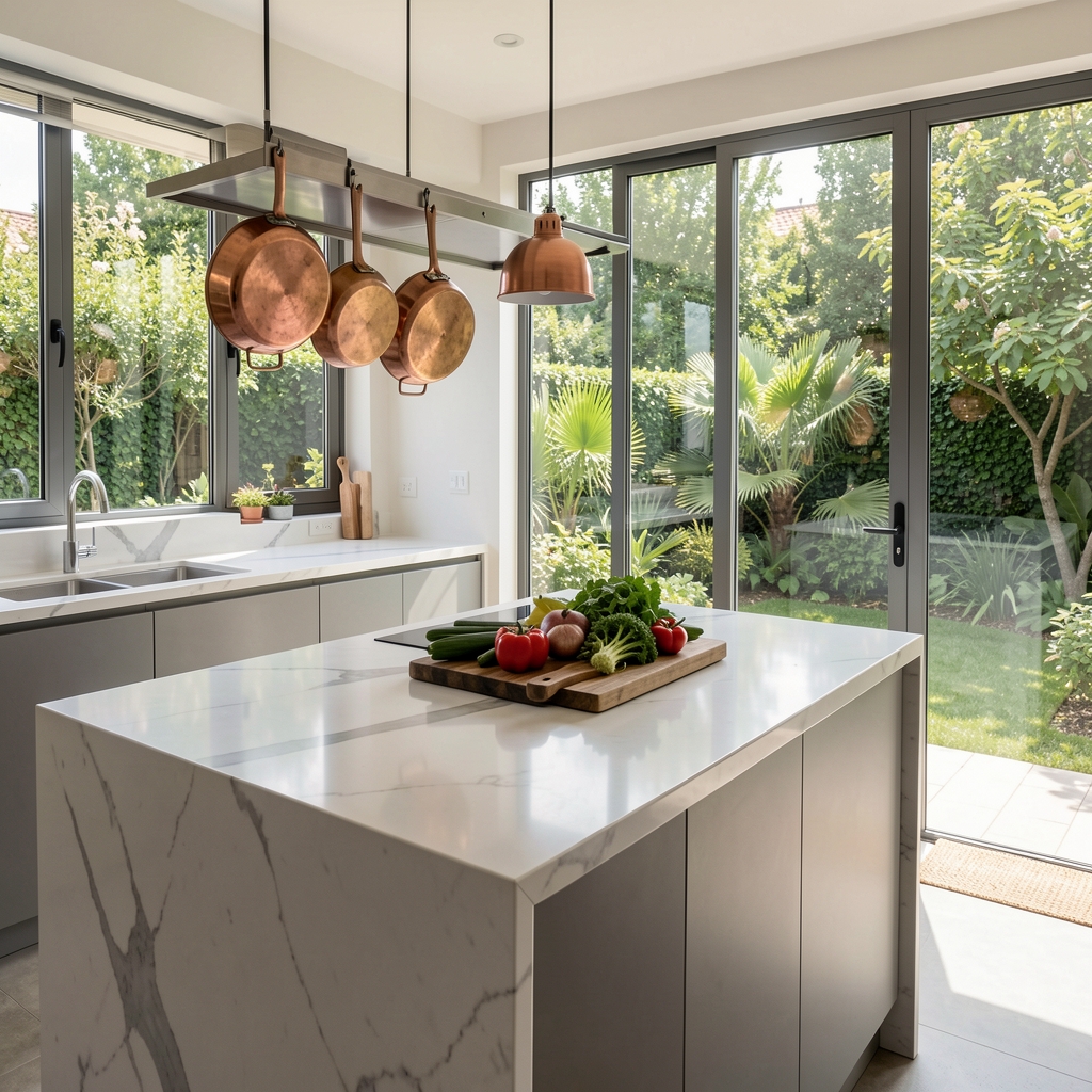 Cocina moderna y luminosa con mesada de mármol blanco, ollas de cobre colgantes, tabla de madera con verduras frescas y ventanas amplias que dan a un jardín verde
