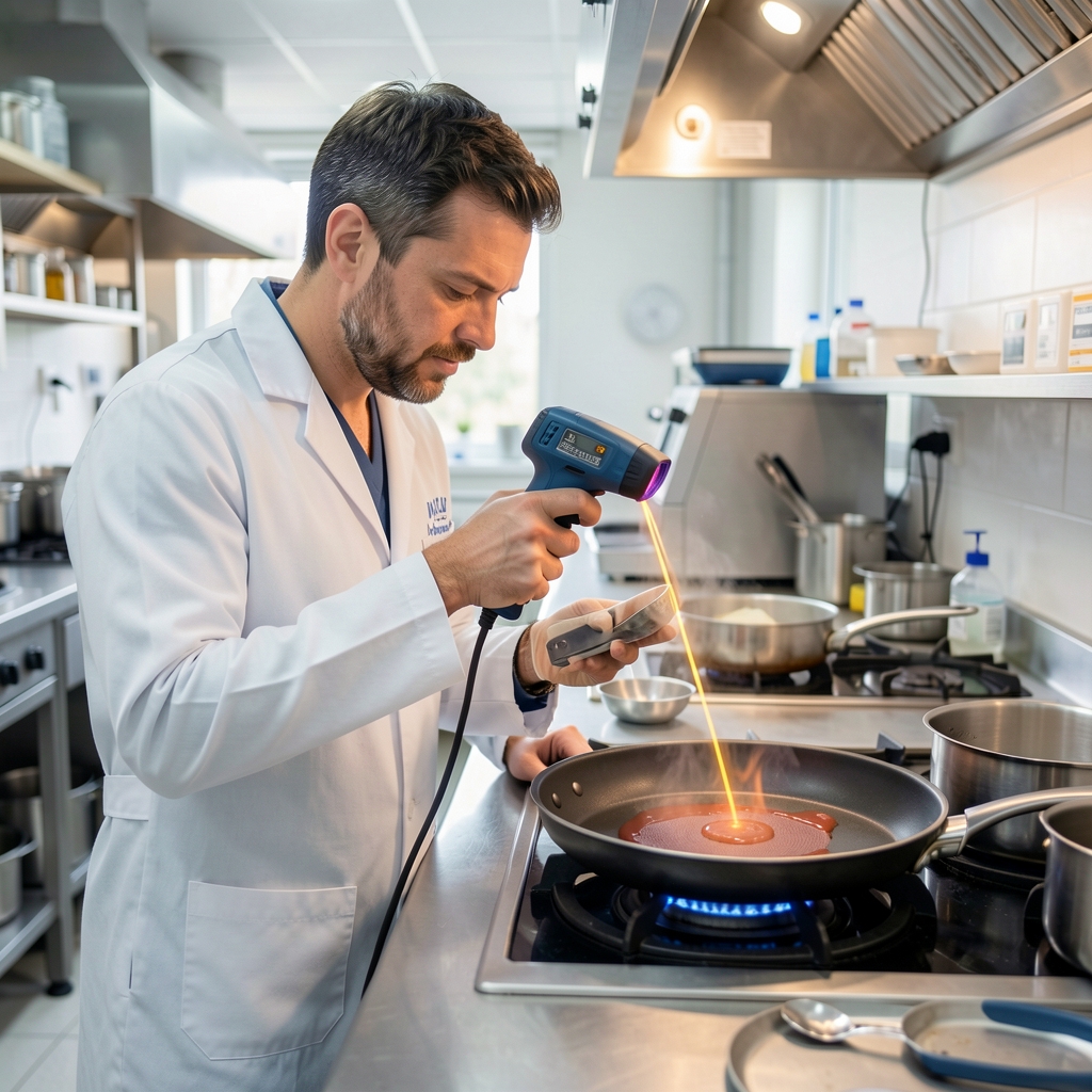 Analista técnico midiendo la temperatura de distribución de una sartén antiadherente con termómetro infrarrojo en laboratorio iluminado de pruebas de cocina