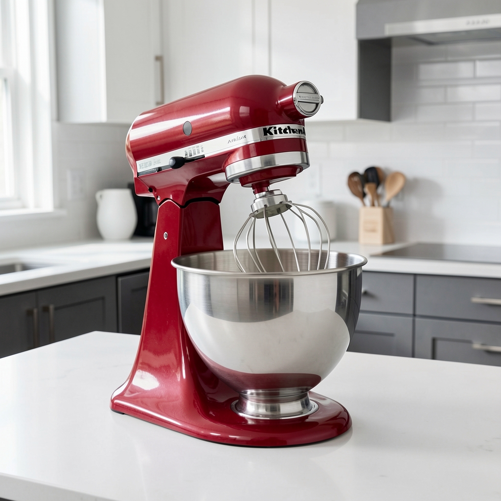 Batidora de pie KitchenAid Artisan 4.8 litros en color rojo imperial con tazón de acero inoxidable brillante y accesorios batidor globo y gancho para masa, sobre cocina moderna