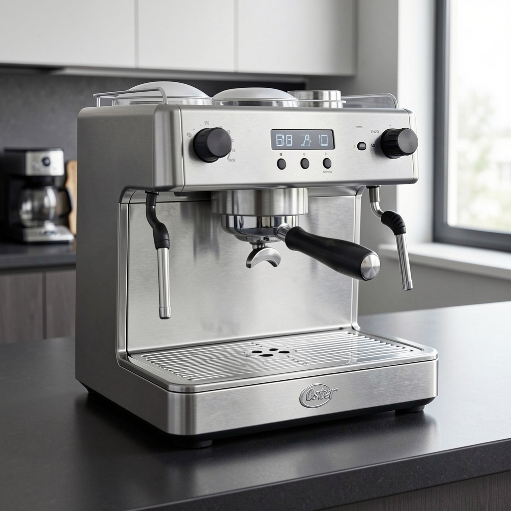 Cafetera espresso semiautomática en acero inoxidable brillante con brazo de vapor, pantalla digital y portafiltro metálico sobre encimera de cocina moderna