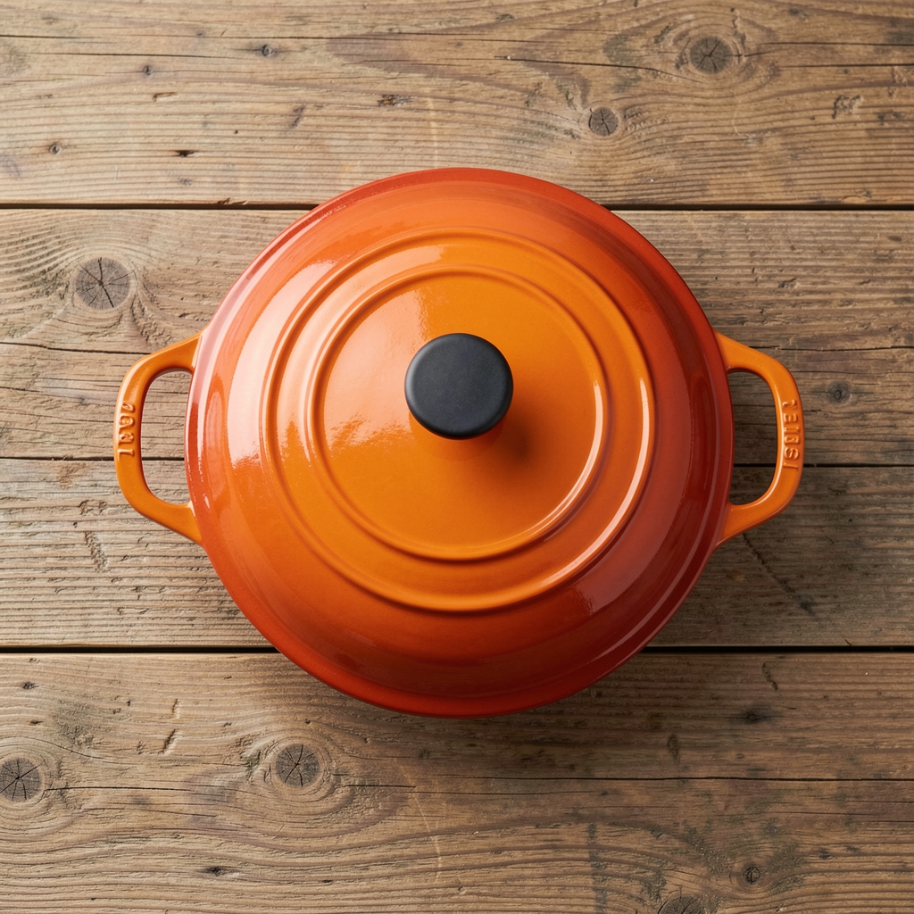 Cocotte Le Creuset de hierro fundido esmaltado en color naranja volcánico con tapa y manillas, vista cenital sobre mesa de madera rústica