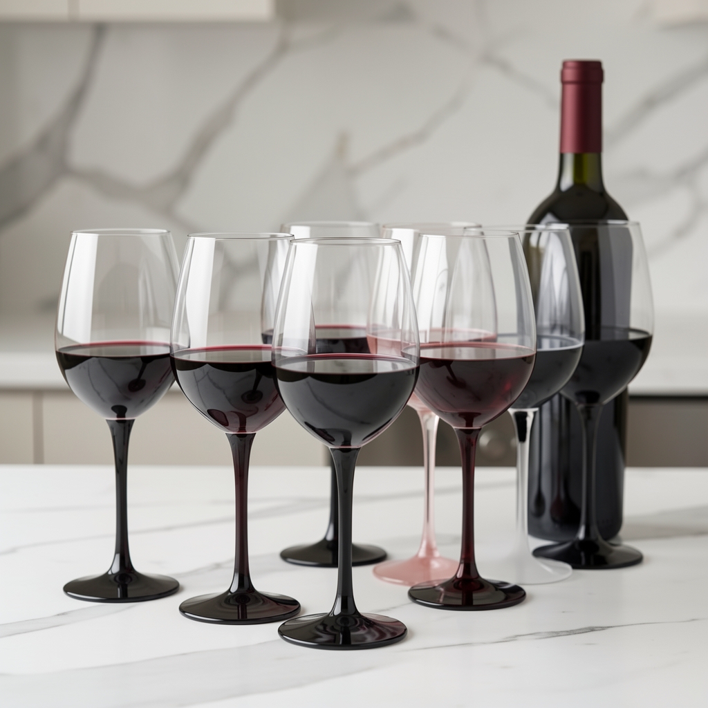 Set de 6 copas de vino tinto de cristal borosilicato transparente con tallo largo fino, dispuestas en fila sobre encimera de mármol blanco con botella de vino tinto al fondo