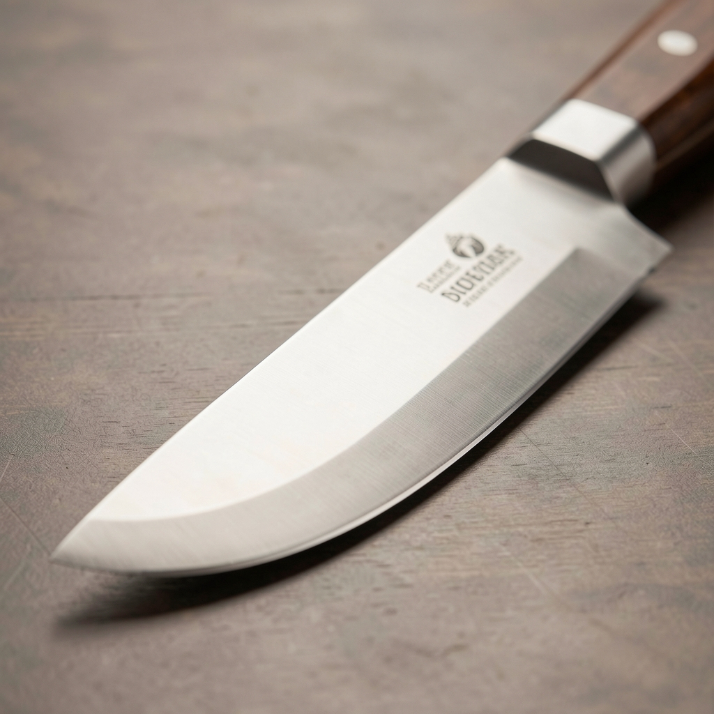 Detalle filo de cuchillo chef 20 cm con ángulo de 15 grados por lado mostrando el bisel plano y borde de hoja afilada