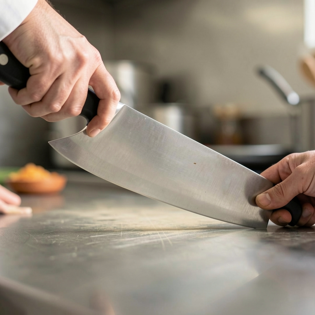 Vista lateral del cuchillo chef mostrando la curvatura del filo y el talón de la hoja que protege los nudillos durante el corte