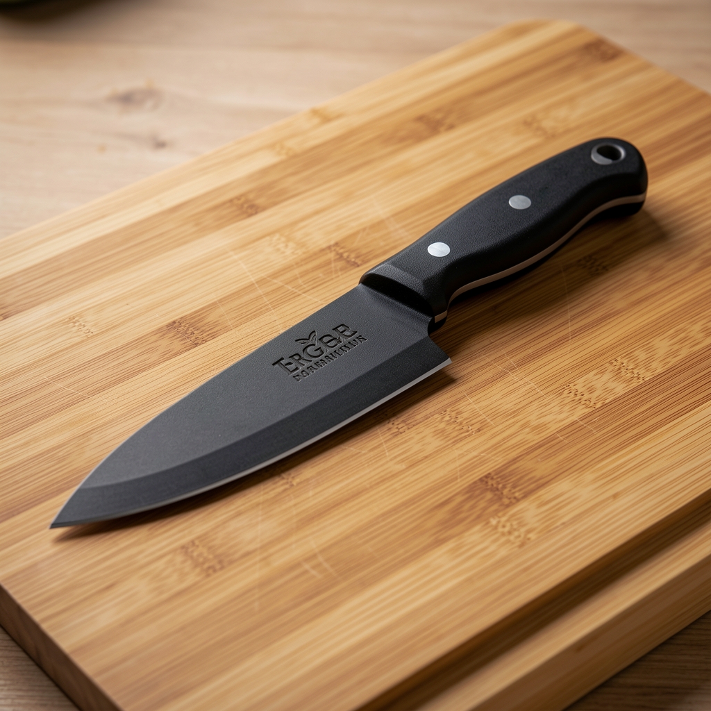 Mango ergonómico negro del cuchillo chef con tres remaches plateados y logo grabado en relieve sobre tabla de corte de bambú