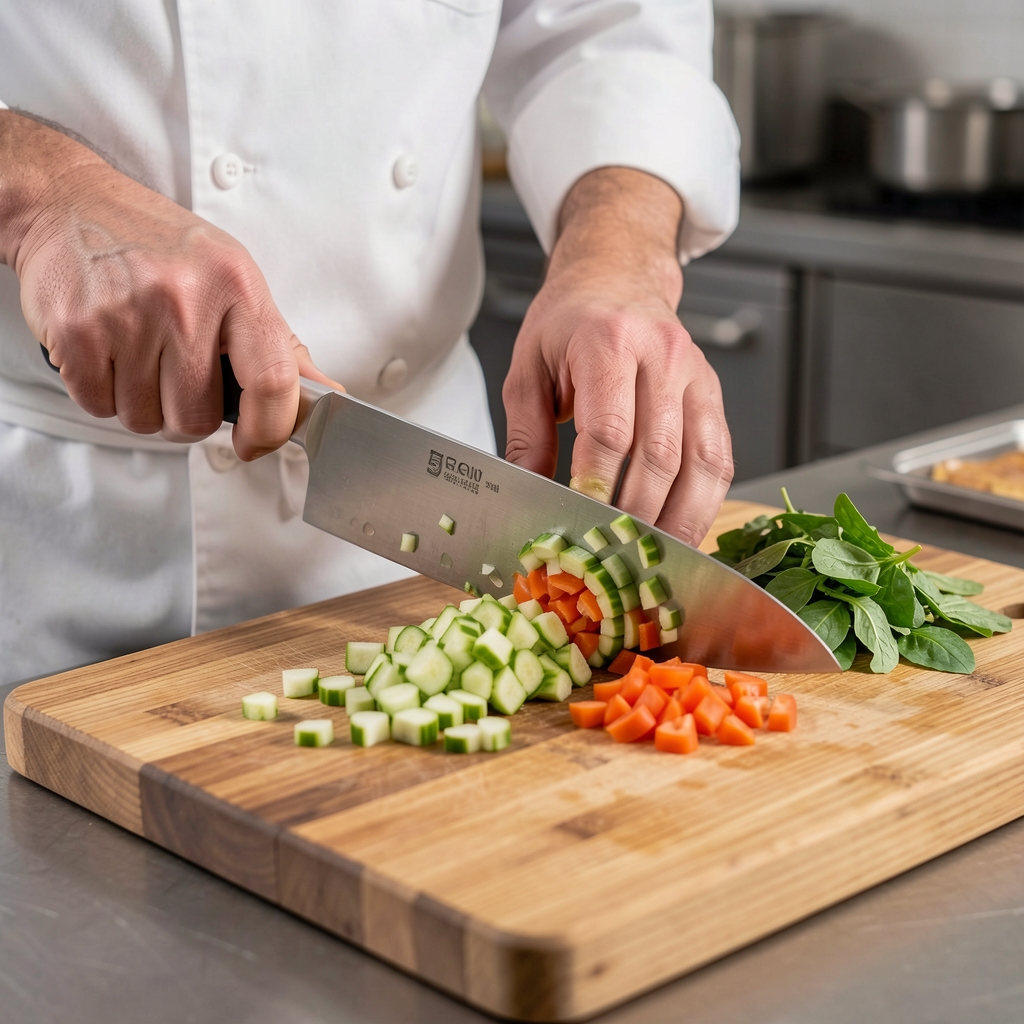 Cuchillo chef junto a tabla de madera con verduras frescas picadas mostrando el resultado del corte en juliana
