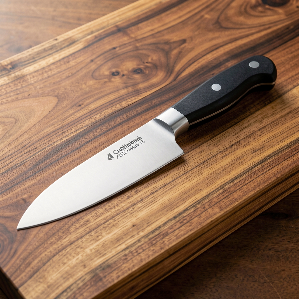 Cuchillo de chef profesional Victorinox Fibrox 20 cm con mango negro ergonómico texturizado, hoja de acero inoxidable brillante sobre fondo blanco