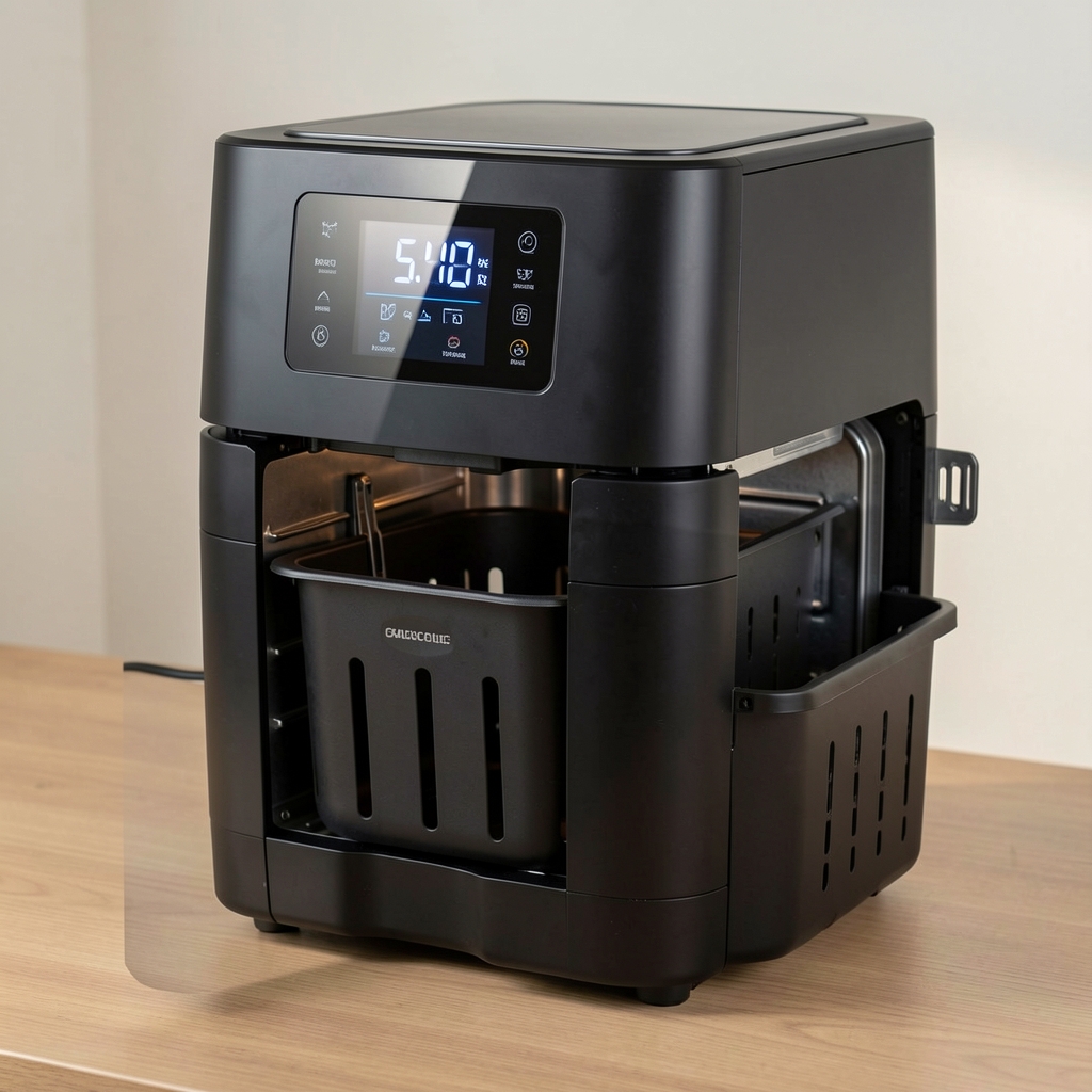 Freidora de aire digital de 5.5 litros en color negro mate con pantalla táctil, canasta extraíble y panel de control con iconos de programas de cocción