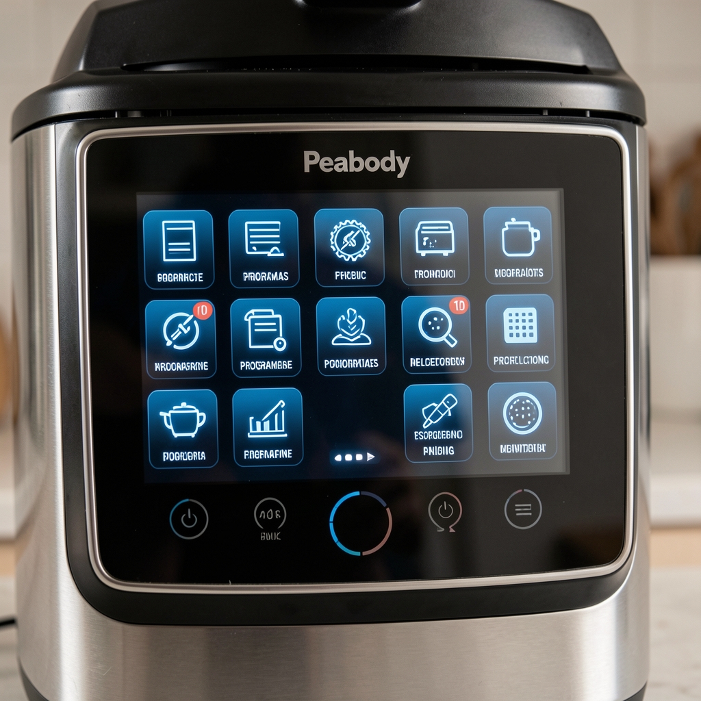 Panel de control digital táctil de la freidora Peabody con 10 íconos de programas preseleccionados iluminados en azul