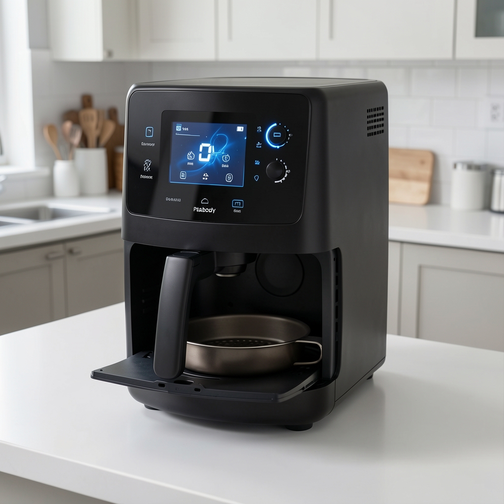 Freidora de aire digital Peabody 5.5 litros en color negro mate con pantalla táctil LED azul y perillas de control, canasto extraíble antiadherente visible en la base, sobre encimera blanca de cocina contemporánea