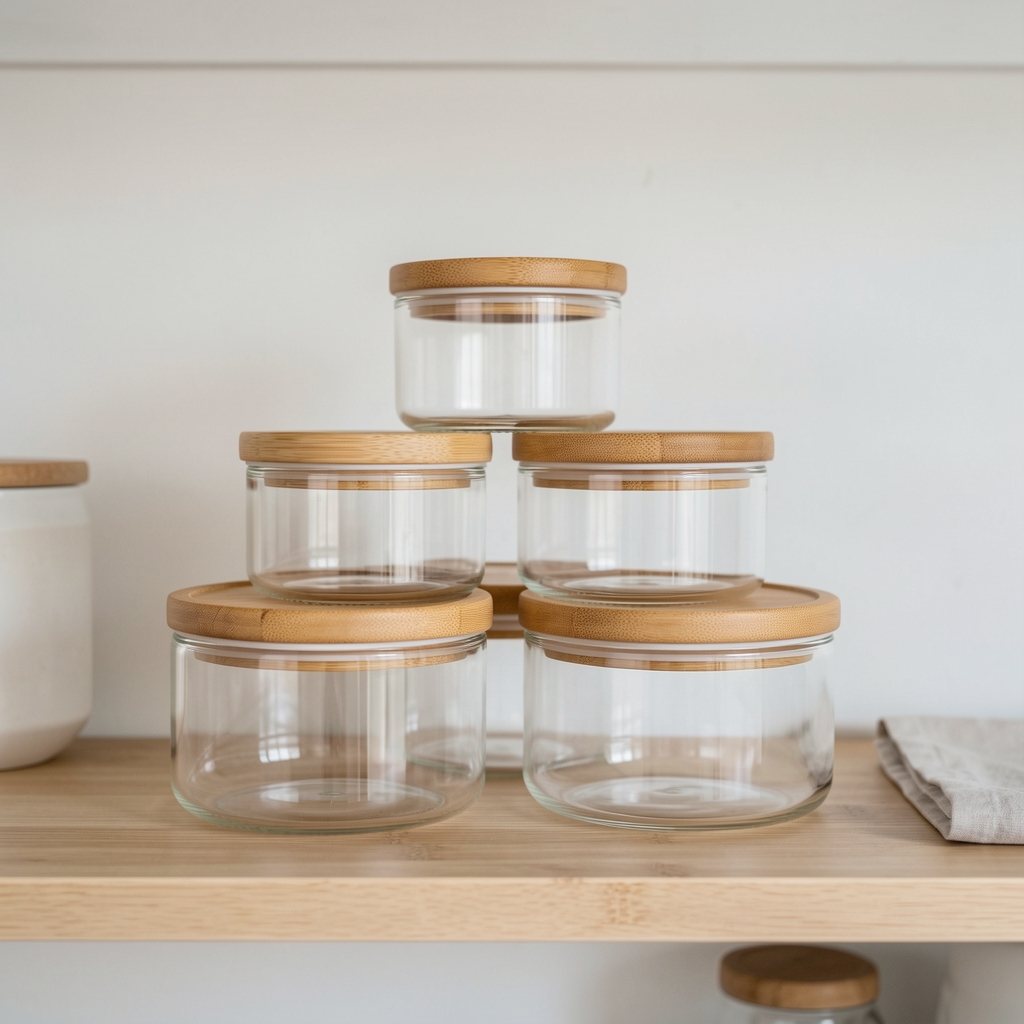 Set de 5 recipientes herméticos de vidrio borosilicato con tapas de bambú y cierre hermético de silicona, en diferentes tamaños redondos apilados sobre estante de cocina con fondo de pared blanca