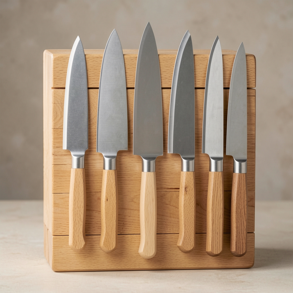 Juego de 7 cuchillos Wüsthof Classic con bloque de madera de roble, mangos negros y hojas de acero alemán pulido sobre encimera de granito oscuro