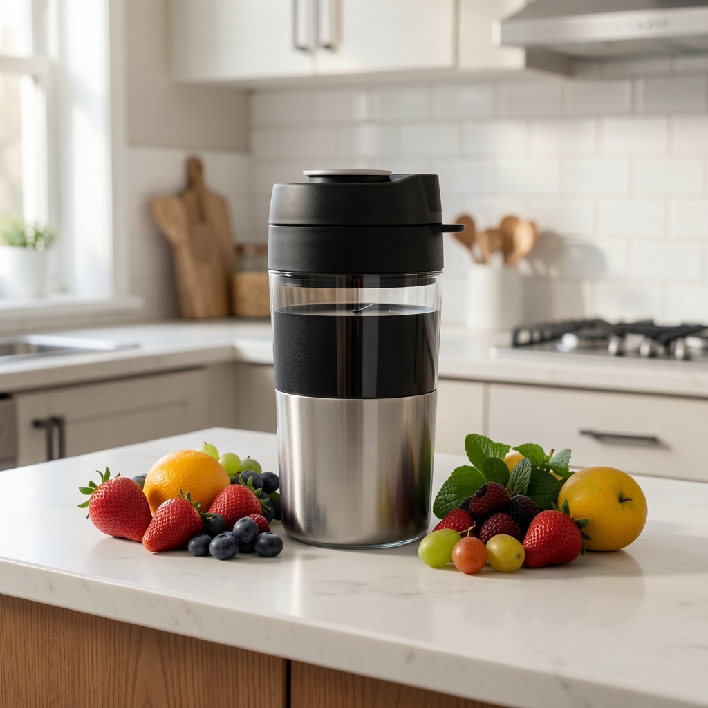 Licuadora Oster Pro 1200 BPA-free con vaso de vidrio templado 1.5 litros, 10 velocidades y jarra de plástico apilable plateado y negro, sobre encimera de cocina con frutas frescas