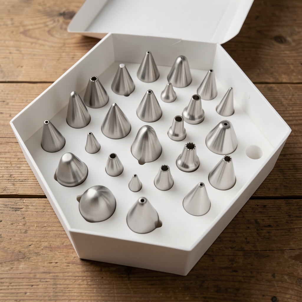 Set profesional de manga pastelera reutilizable de silicona grande con 12 boquillas de acero inoxidable en distintas formas para decoración de tortas, en caja de presentación sobre fondo de madera