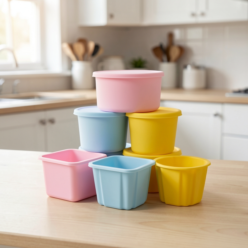 Set de 6 moldes de silicona para repostería en colores pastel: rosa, azul y amarillo, incluye molde redondo, cuadrado y para muffins, apilados sobre fondo de madera clara en cocina con luz natural