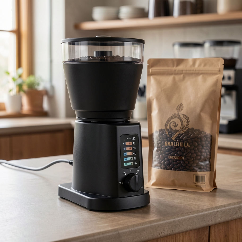 Molinillo de café Baratza Encore conical burr eléctrico en color negro con dosificador y selector de 40 posiciones de grosor, sobre mostrador de café con bolsa de granos de specialty