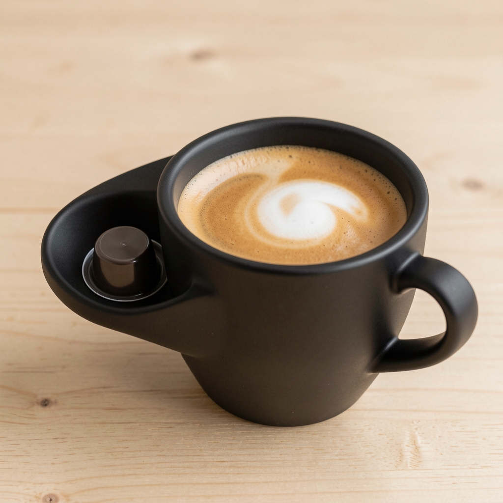 Cafetera Nespresso Vertuo Next en negro mate con cápsula biodegradable en la ranura y taza de espresso con crema perfecta, sobre base de madera clara