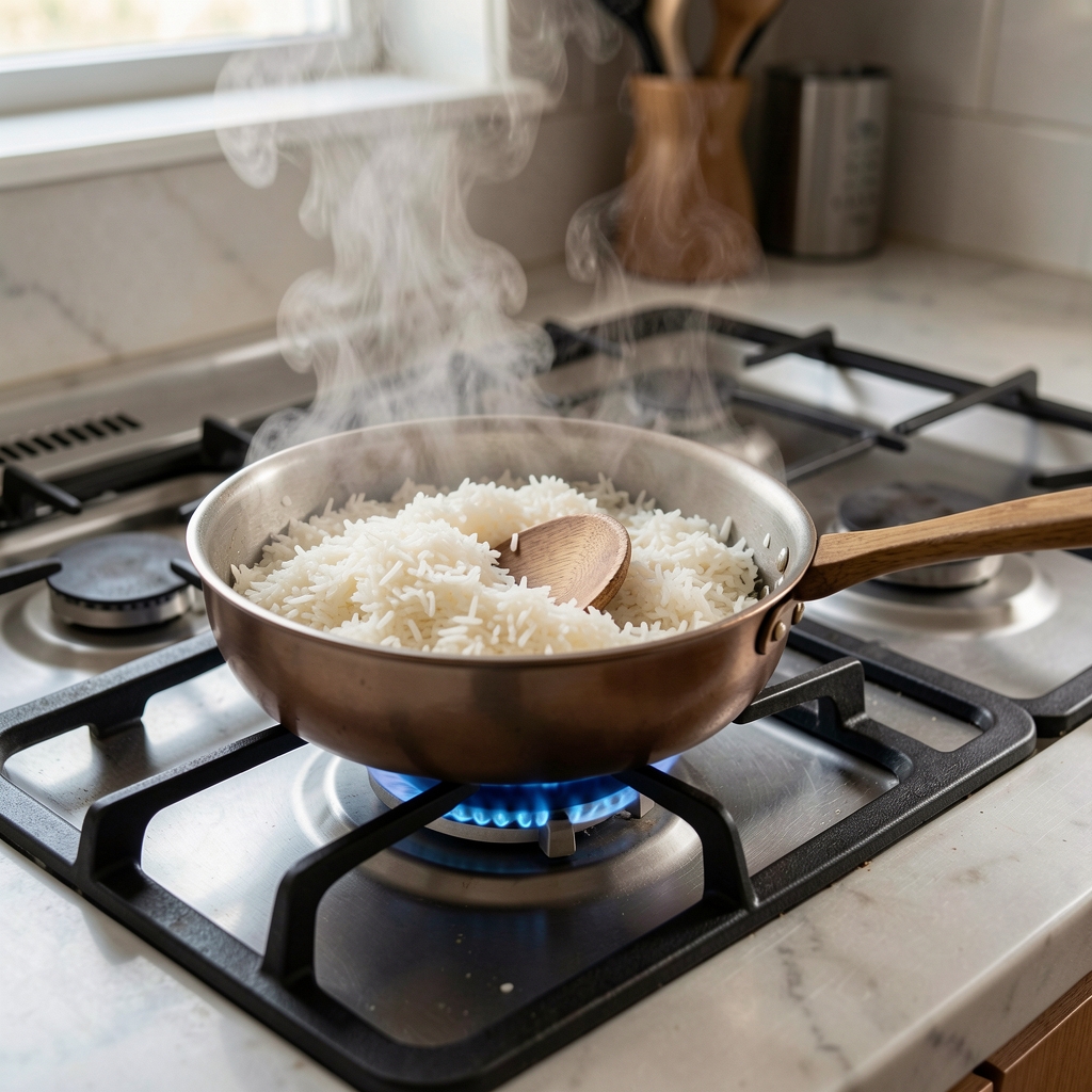 Olla Peabody 22cm en uso sobre cocina de gas con vapor saliendo, con arroz en cocción y cuchara de madera apoyada en el lateral
