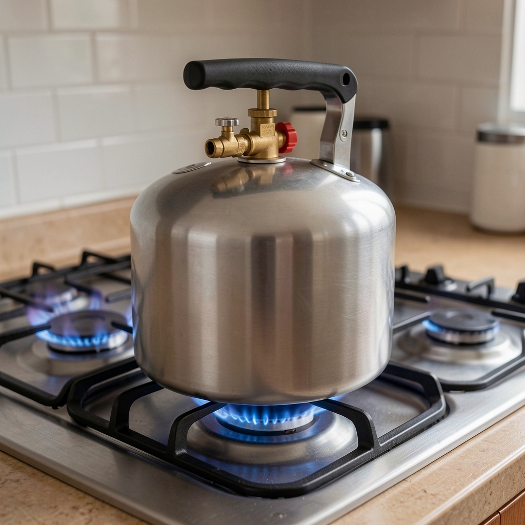 Olla a presión de aluminio reforzado 6 litros con válvula de seguridad triple y mango baquelita resistente al calor sobre cocina a gas encendida