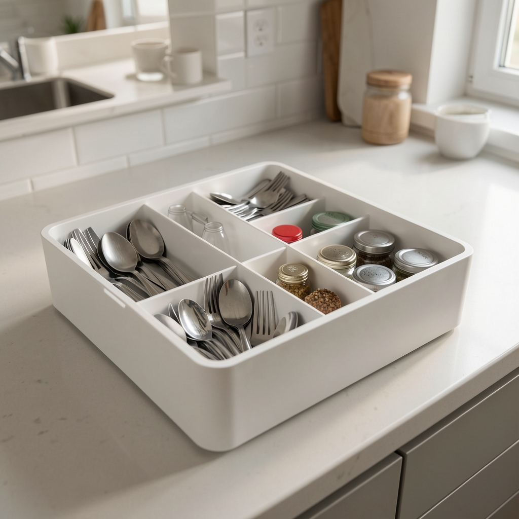 Sistema de organización modular para cajón de cocina en plástico blanco BPA Free, divisores ajustables de varios tamaños con cubiertos, utensilios y especias ordenados en cocina moderna