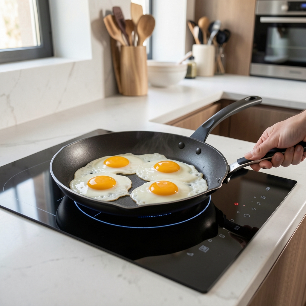 Sartén Tefal 28cm en uso con huevos friendo sin aceite sobre fuego de inducción en cocina de diseño contemporáneo