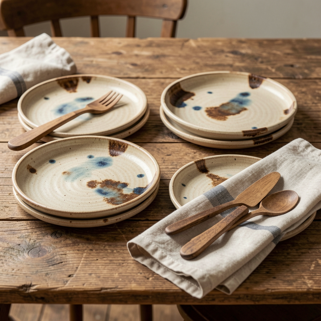 Set de 4 platos de stoneware artesanal de tono beige con manchas naturales de glasurado marrón y azul, sobre mesa de madera rústica con cubiertos de madera y servilleta de lino