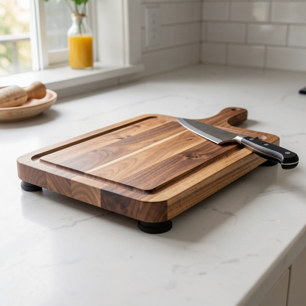 Tabla de corte de madera de acacia 45x30 cm con ranura perimetral para jugos y patas antideslizantes de goma, sobre encimera de cocina con cuchillo de chef apoyado